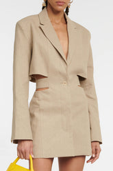 Stilvolles Langarm-Einreiher-Cutout-Blazer-Minikleid - Aprikose
